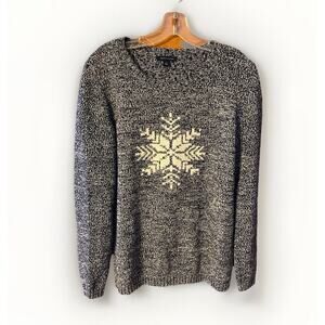 Tommy Hilfiger Blue White Snowflake Sweater Marled Knit Cotton Winter Crew WM LG